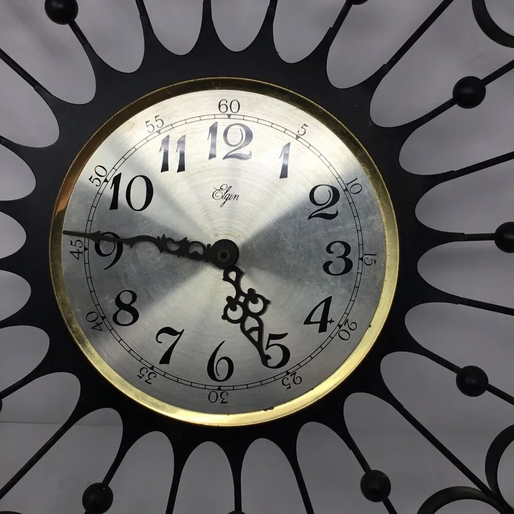 Elgin Mid Century Modern Black Wrought Iron Vintage Starburst Clock (working)